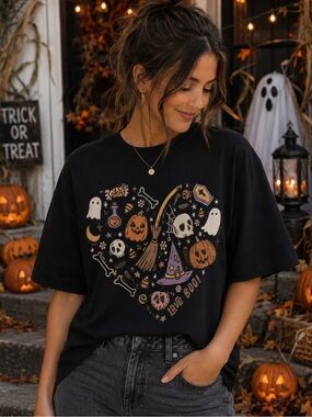 Halloween Graphic Tee - Black with Orange, Purple & White Prints